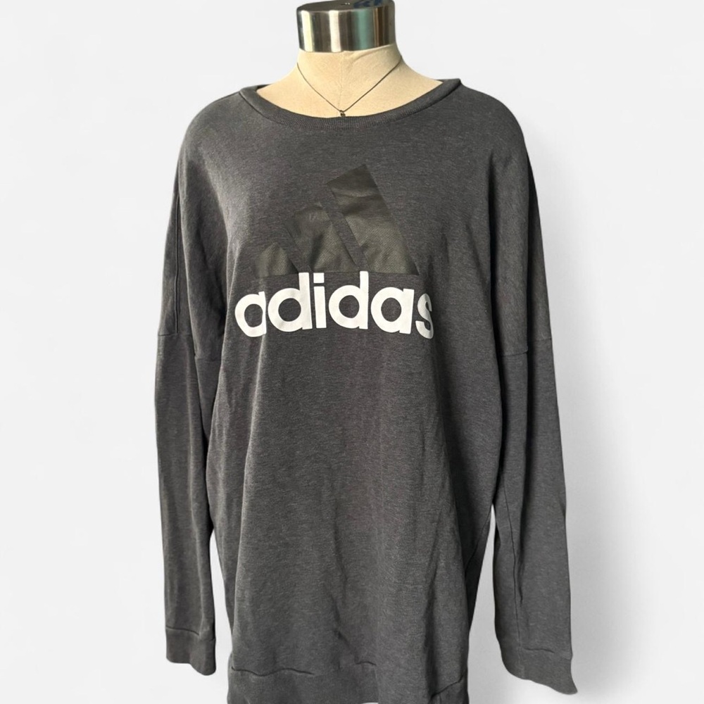 Charcoal Grey And White Adidas Unisex Scoop Neck Long Sleeve Pullover Top Medium